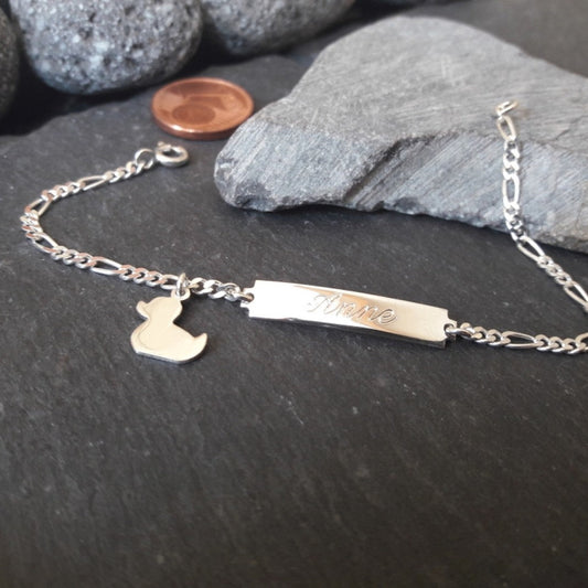 Personalisiertes Kinder ID-Armband mit einem Ente-Anhänger aus 925er Silber (GA41)
