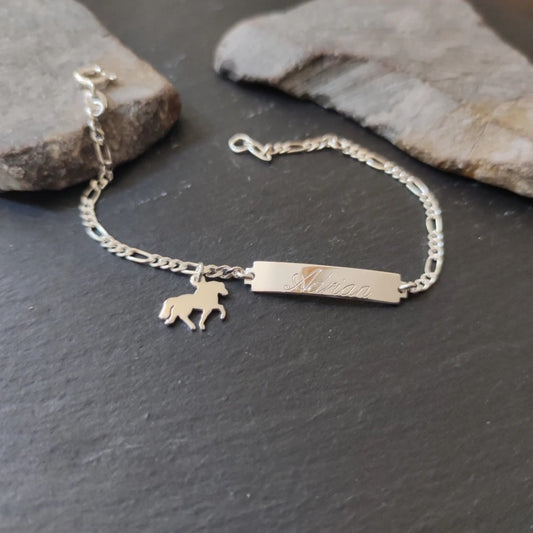 Personalisiertes Kinder ID-Armband mit einem Pferde-Anhänger aus 925er Silber (GA43)