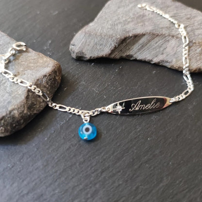 Personalisiertes Kinder ID-Armband aus 925er Silber & Nazar Glücksauge und einem Zirkonia (GA45)