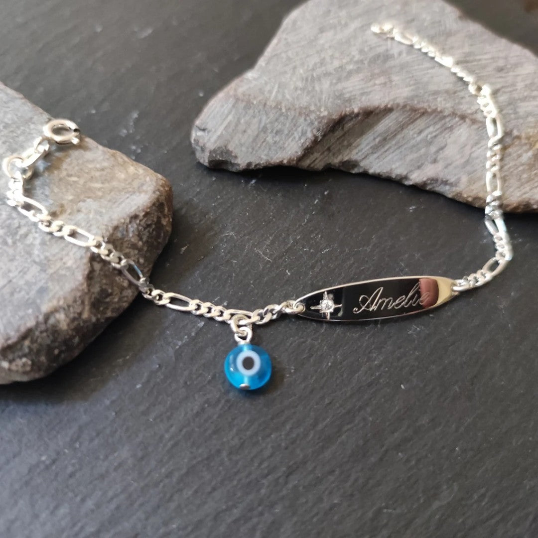 Personalisiertes Kinder ID-Armband aus 925er Silber & Nazar Glücksauge und einem Zirkonia (GA45)