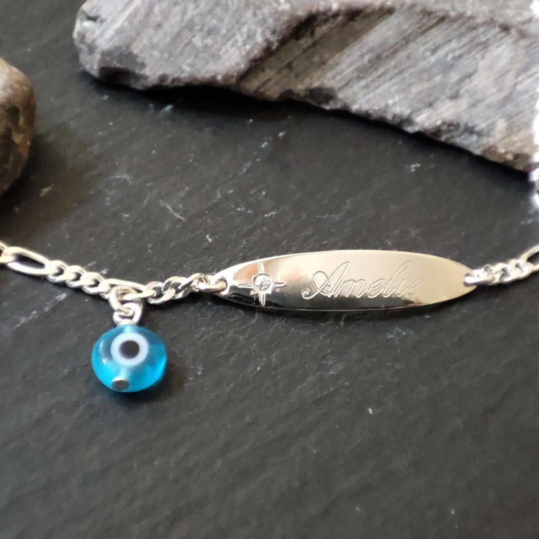 Personalisiertes Kinder ID-Armband aus 925er Silber & Nazar Glücksauge und einem Zirkonia (GA45)