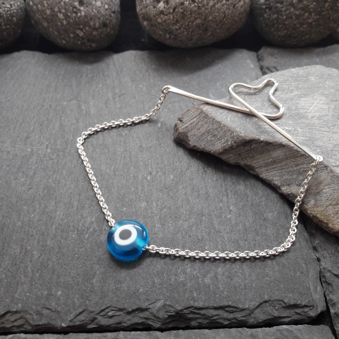 Krawattenkette aus 925er Silber & blauem Glücksauge aus Glas - 2,0 mm Ankerkette (KK09)