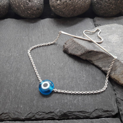 Krawattenkette aus 925er Silber & blauem Glücksauge aus Glas - 2,0 mm Ankerkette (KK09)