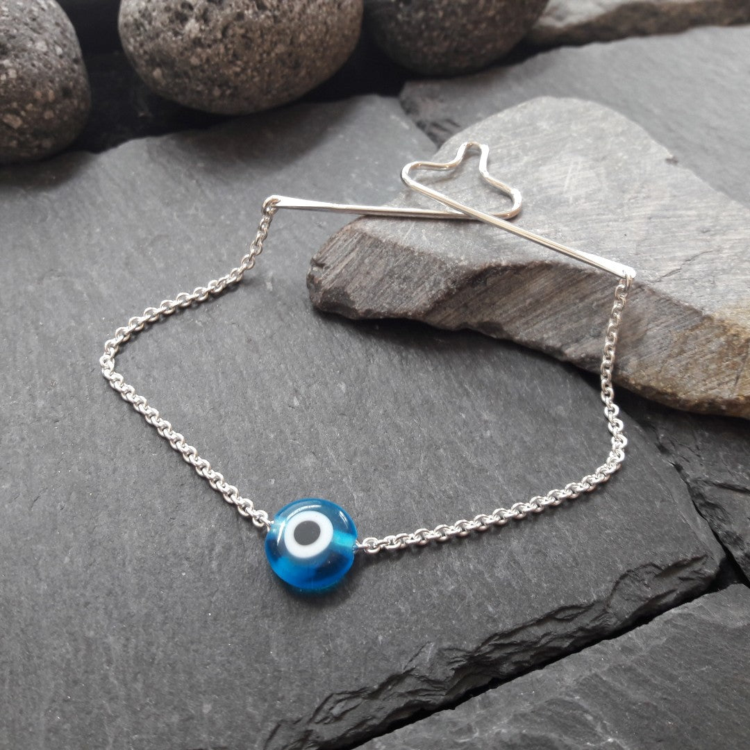 Krawattenkette aus 925er Silber & blauem Glücksauge aus Glas - 2,0 mm Ankerkette (KK09)