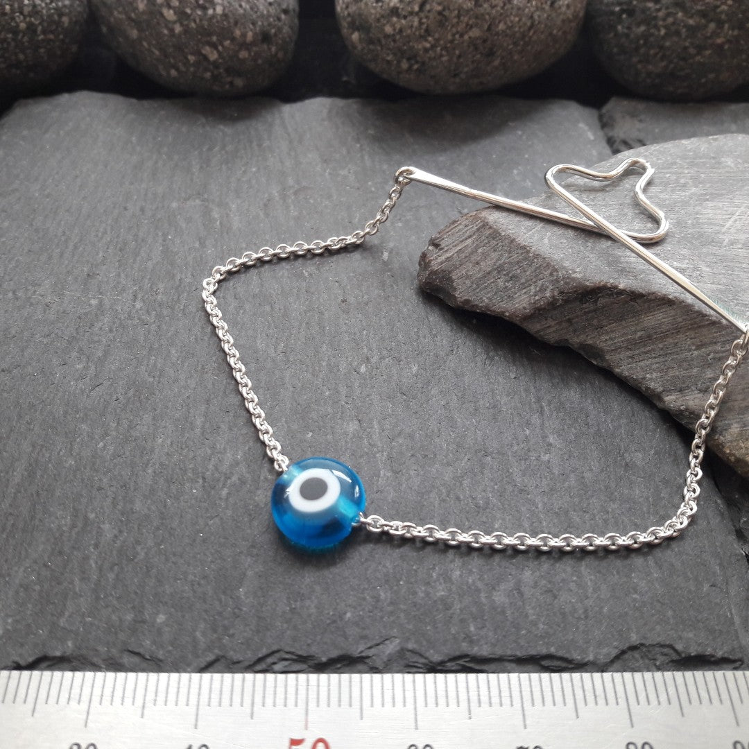 Krawattenkette aus 925er Silber & blauem Glücksauge aus Glas - 2,0 mm Ankerkette (KK09)