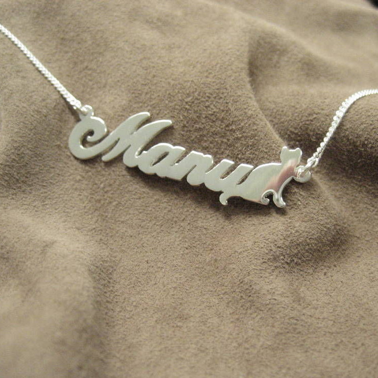 Personalisierte Namenskette mit Wunschname & Katze aus 925er Silber (NK43)
