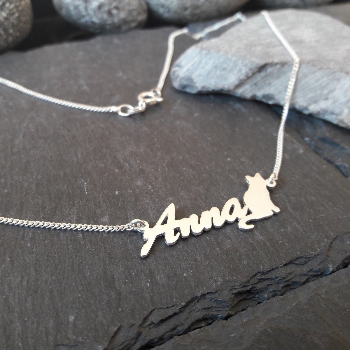 Personalisierte Namenskette mit Wunschname & Katze aus 925er Silber (NK58/S)