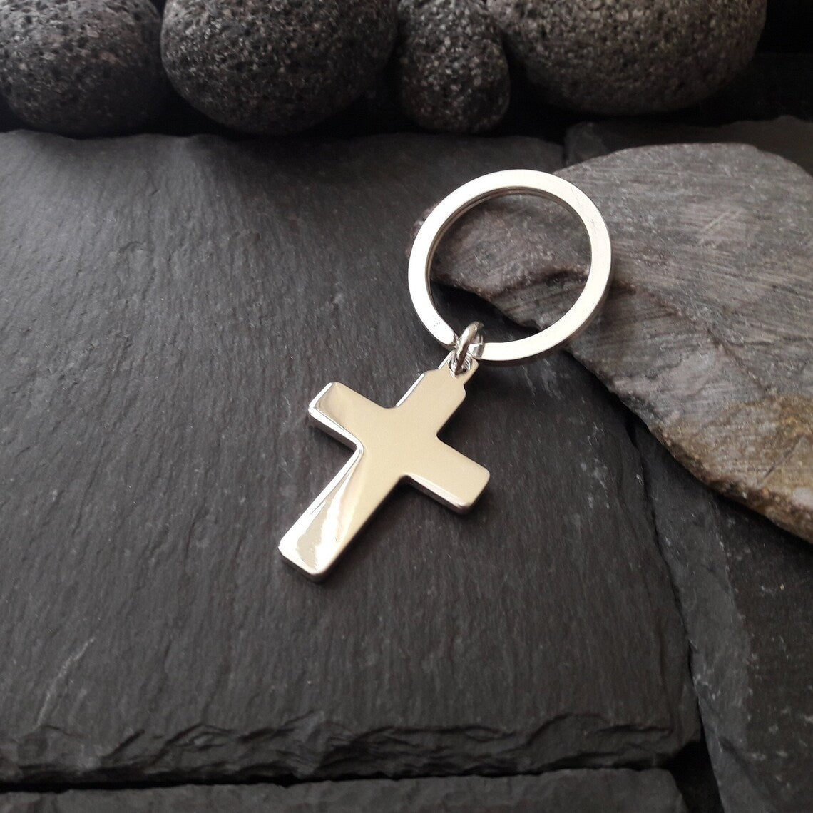 Schlüsselanhänger, Schlüsselring mit Kreuz-Anhänger aus 925er Silber (SA04)