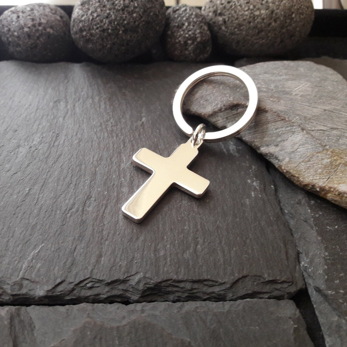 Schlüsselanhänger, Schlüsselring mit Kreuz-Anhänger aus 925er Silber (SA04)
